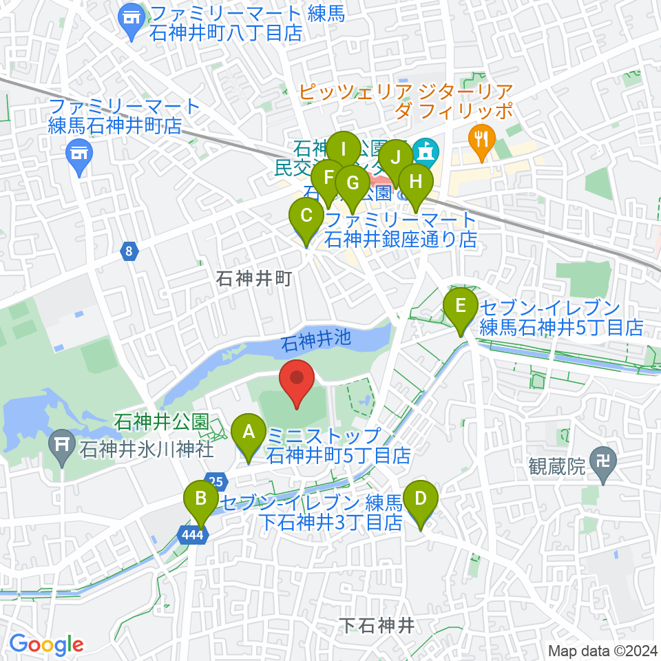 石神井公園野球場周辺のコンビニエンスストア一覧地図