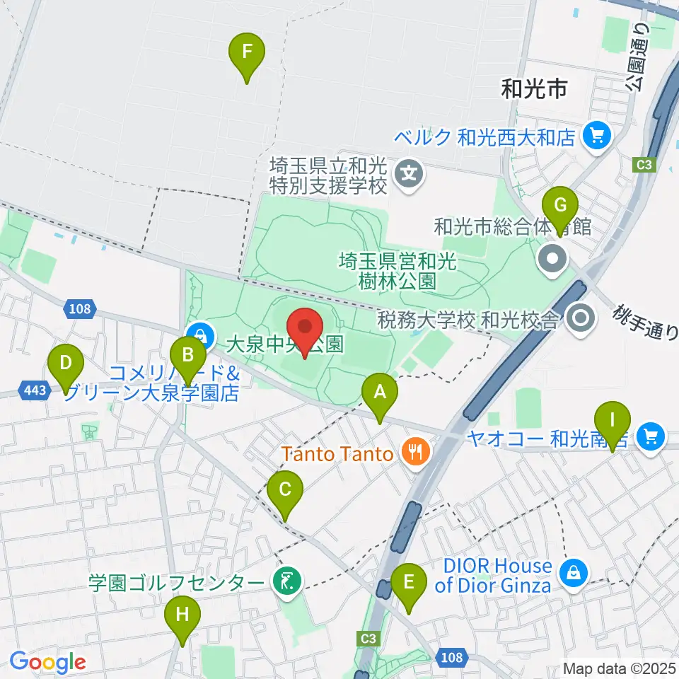 大泉中央公園野球場周辺のコンビニエンスストア一覧地図
