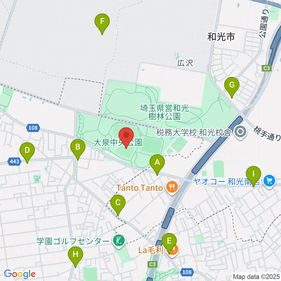 大泉中央公園野球場周辺のコンビニエンスストア一覧地図