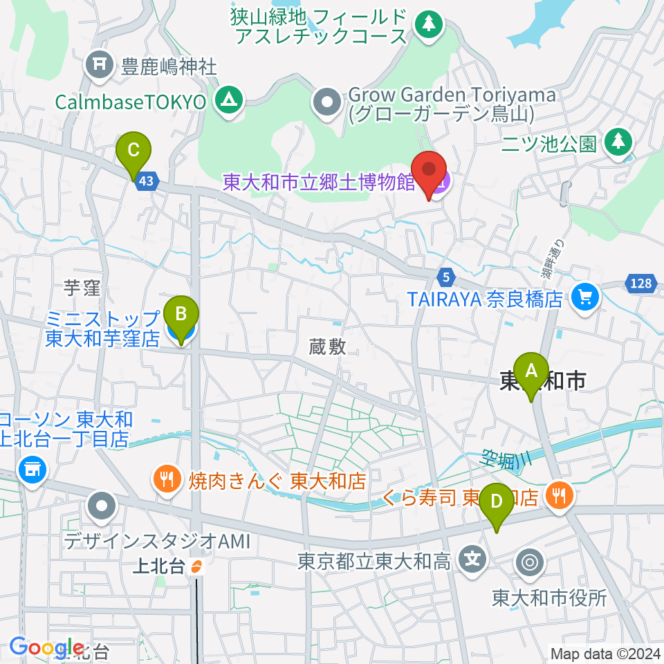 東大和市立郷土博物館周辺のコンビニエンスストア一覧地図