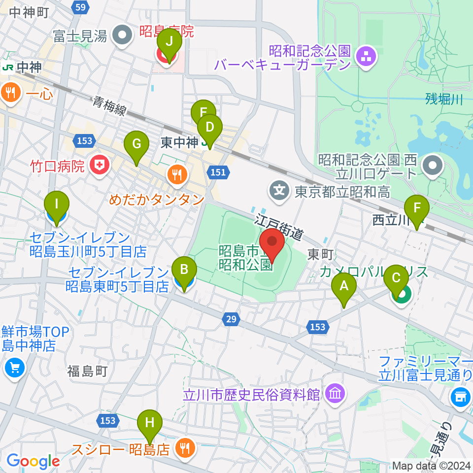 昭和公園陸上競技場周辺のコンビニエンスストア一覧地図