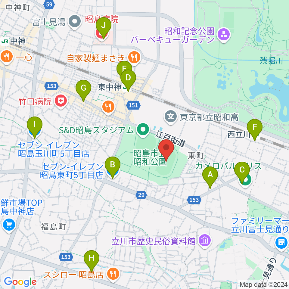 昭和公園陸上競技場周辺のコンビニエンスストア一覧地図