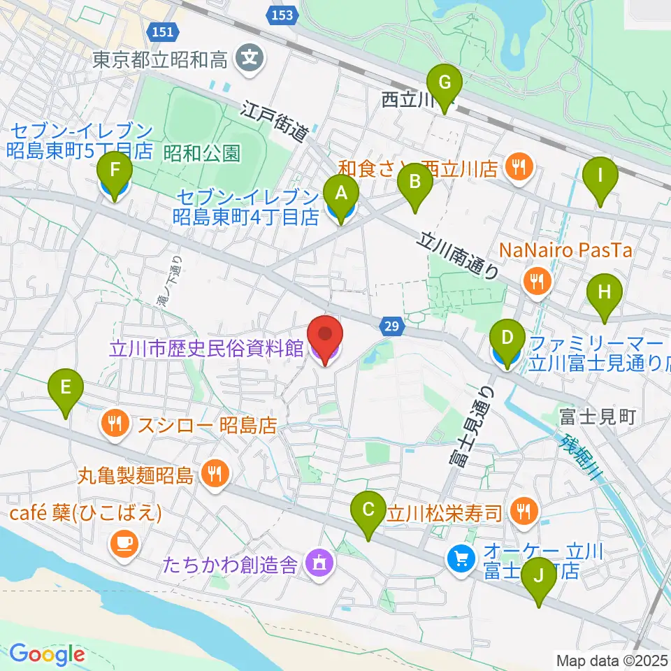 立川市歴史民俗資料館周辺のコンビニエンスストア一覧地図