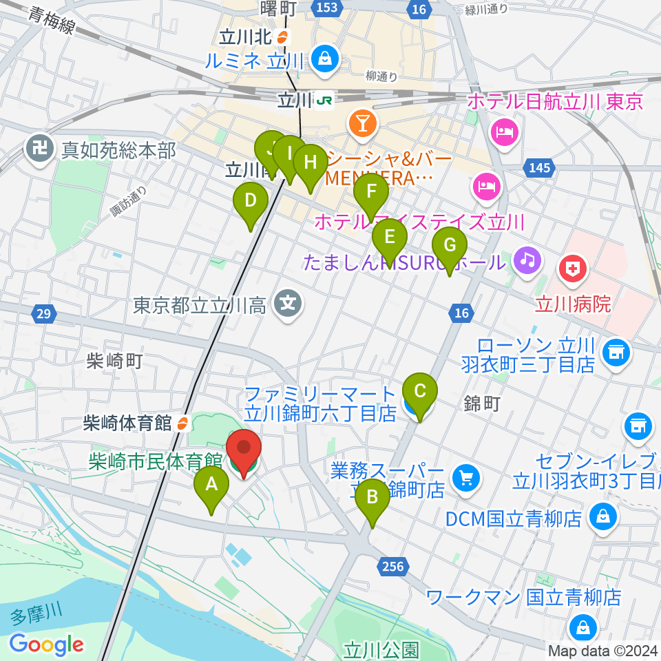 立川市柴崎市民体育館周辺のコンビニエンスストア一覧地図