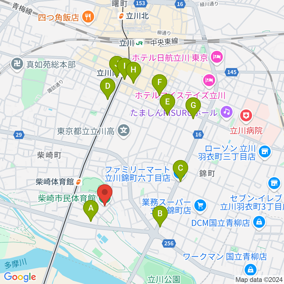 立川市柴崎市民体育館周辺のコンビニエンスストア一覧地図