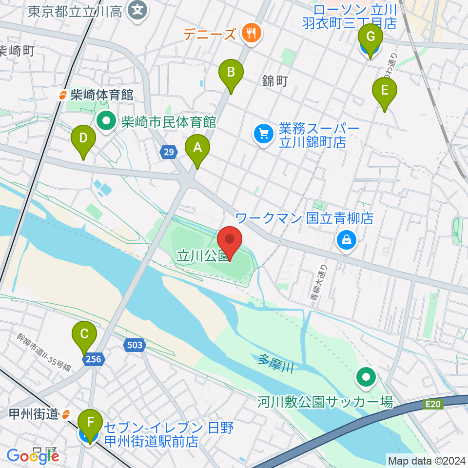 立川公園陸上競技場周辺のコンビニエンスストア一覧地図