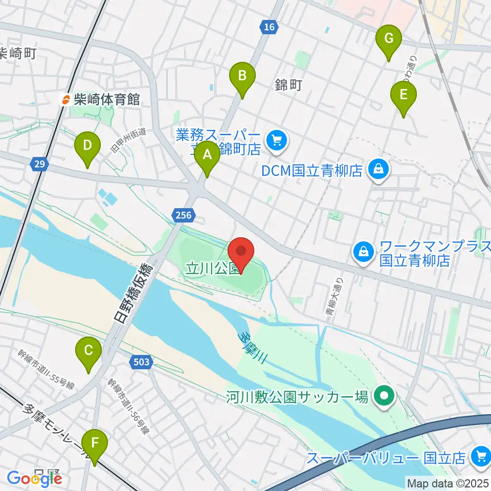 立川公園陸上競技場周辺のコンビニエンスストア一覧地図