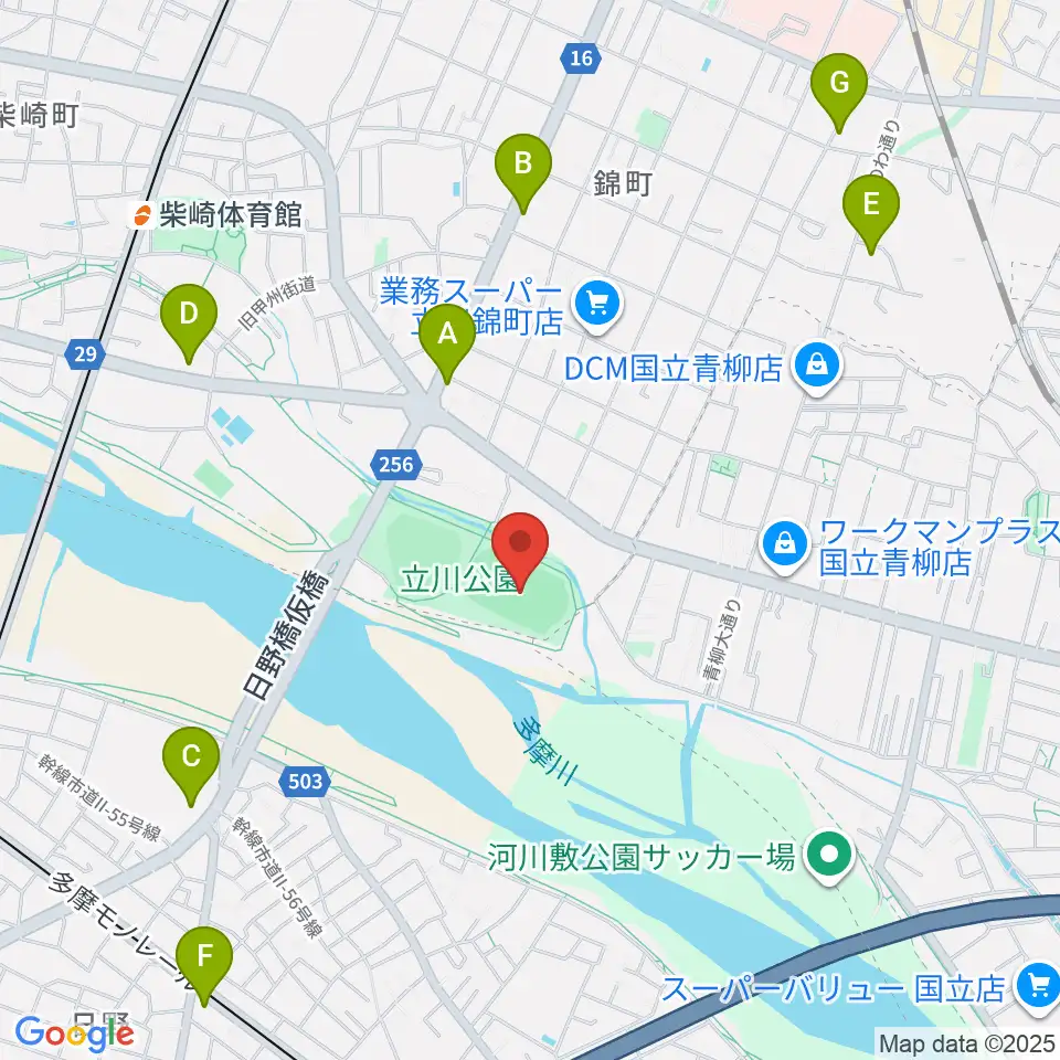 立川公園陸上競技場周辺のコンビニエンスストア一覧地図
