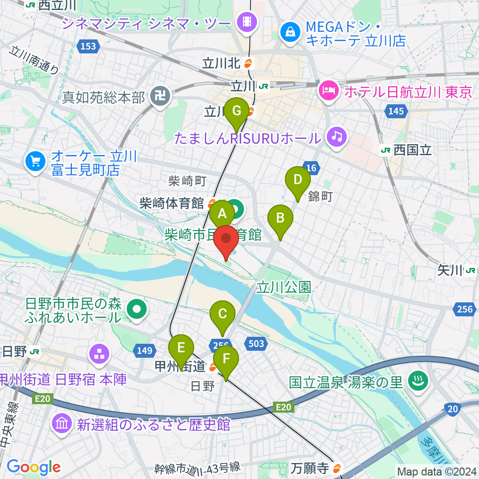 明治安田TACHIKAWAフィールド周辺のコンビニエンスストア一覧地図