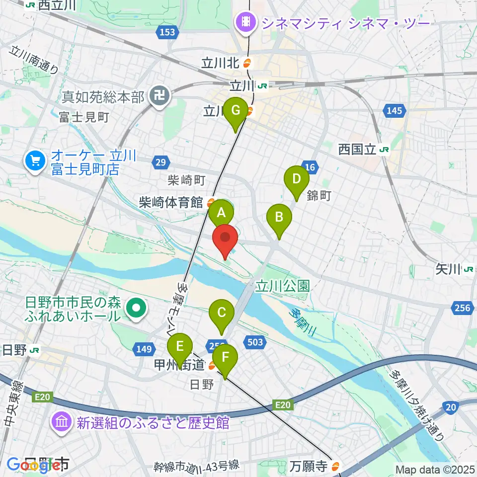 明治安田TACHIKAWAフィールド周辺のコンビニエンスストア一覧地図