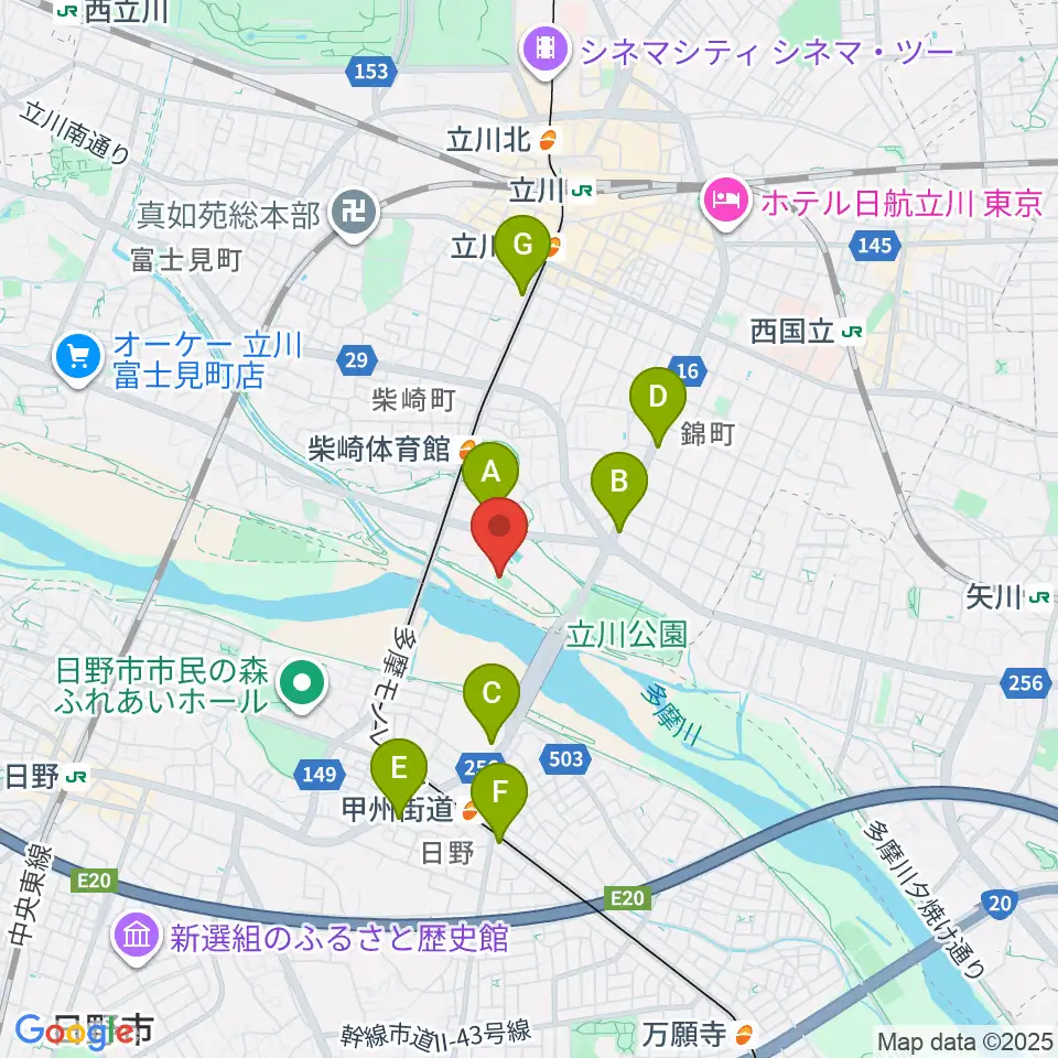 明治安田TACHIKAWAフィールド周辺のコンビニエンスストア一覧地図