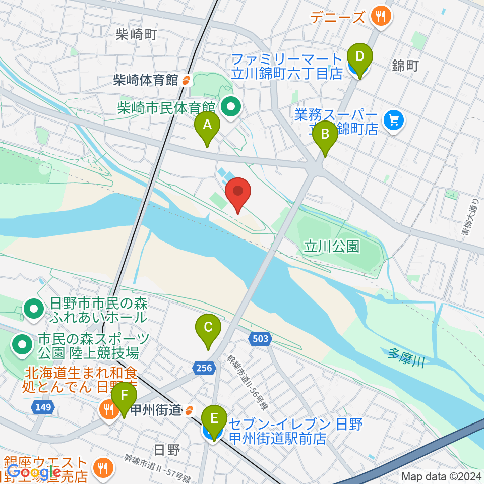 立川公園新堤防運動広場周辺のコンビニエンスストア一覧地図