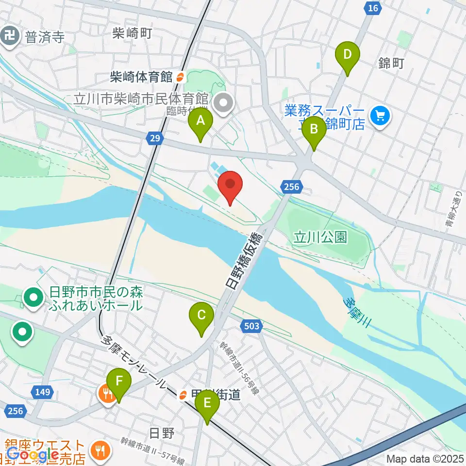 立川公園新堤防運動広場周辺のコンビニエンスストア一覧地図
