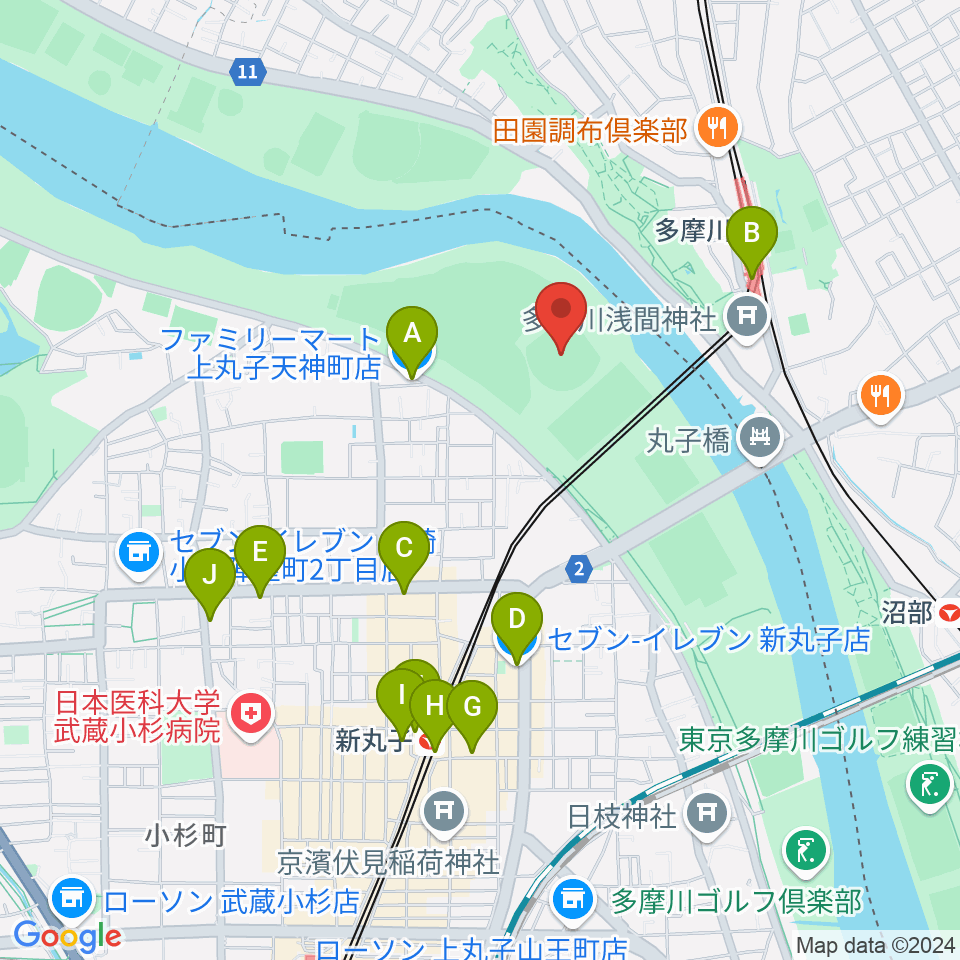 多摩川丸子橋硬式野球場周辺のコンビニエンスストア一覧地図