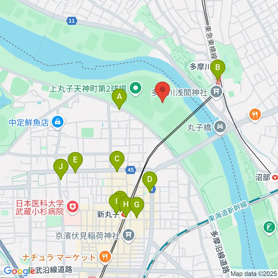 多摩川丸子橋硬式野球場周辺のコンビニエンスストア一覧地図