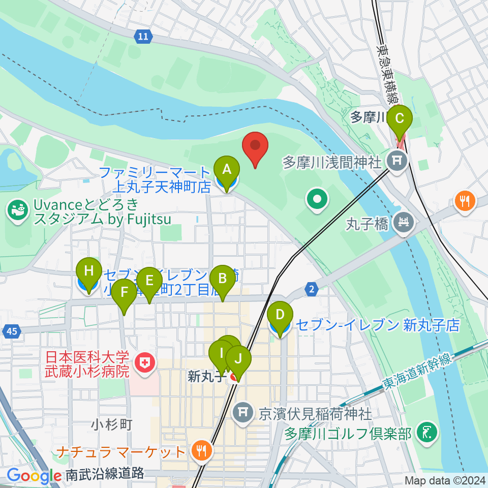 上丸子天神町野球場周辺のコンビニエンスストア一覧地図