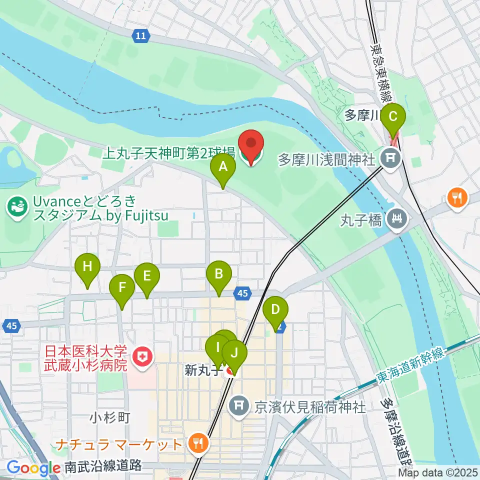 上丸子天神町野球場周辺のコンビニエンスストア一覧地図