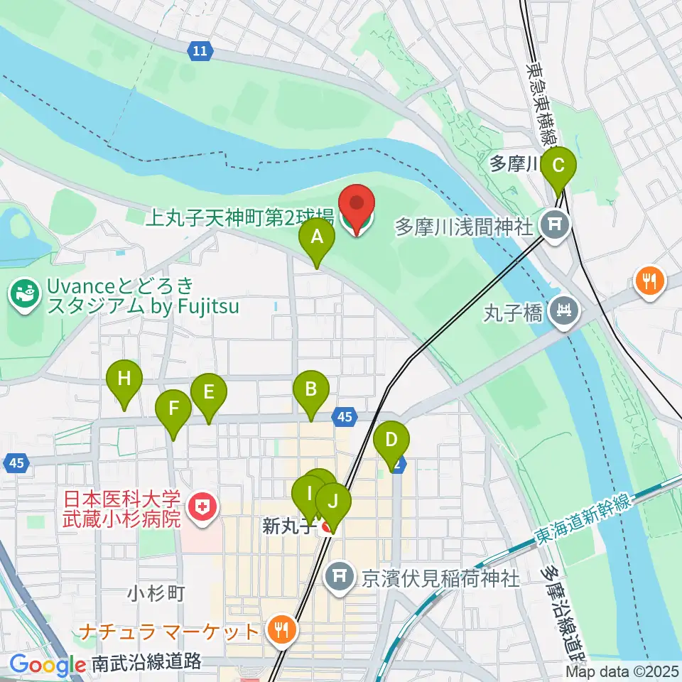 上丸子天神町野球場周辺のコンビニエンスストア一覧地図