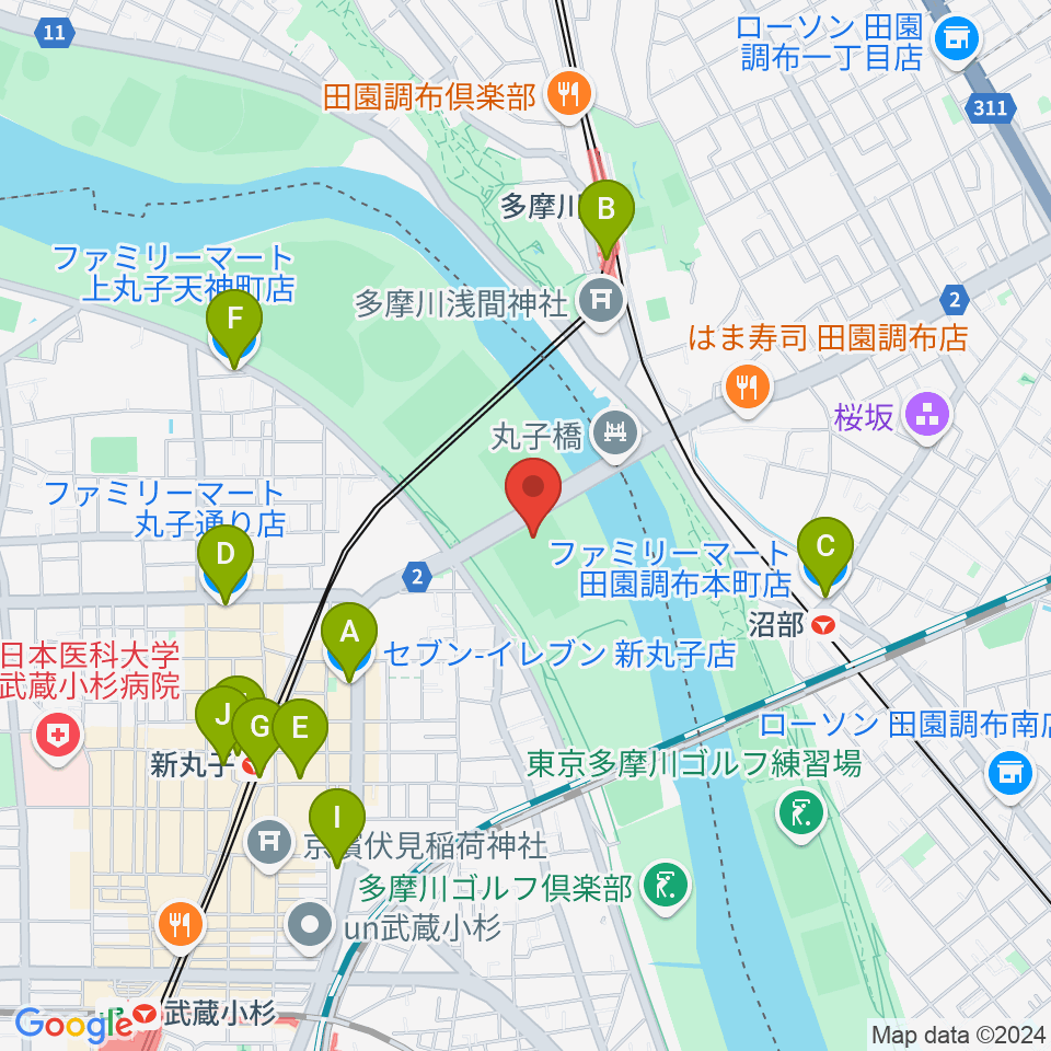 丸子橋運動場周辺のコンビニエンスストア一覧地図