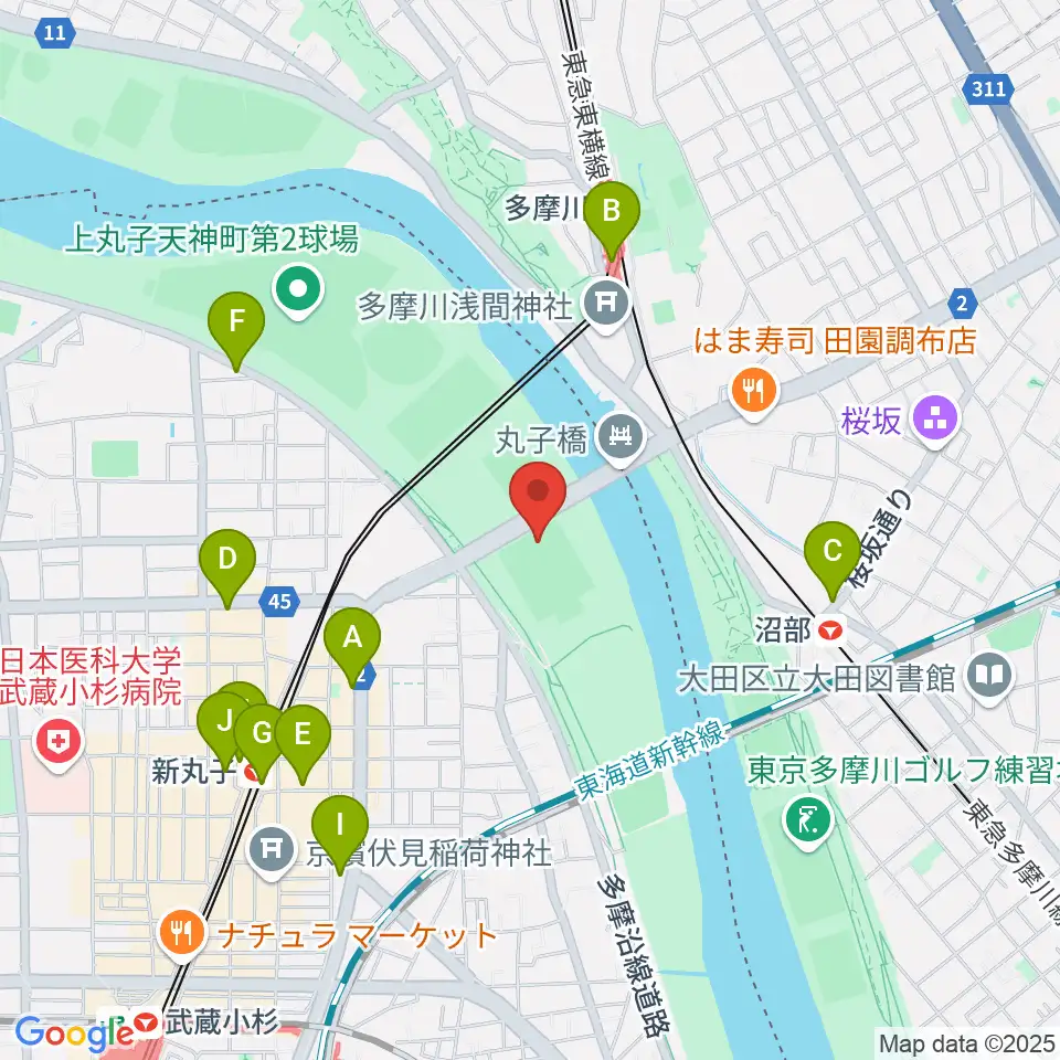 丸子橋運動場周辺のコンビニエンスストア一覧地図