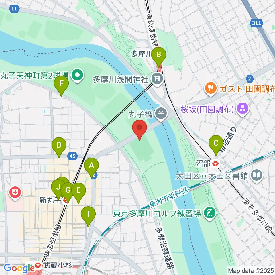 丸子橋運動場周辺のコンビニエンスストア一覧地図