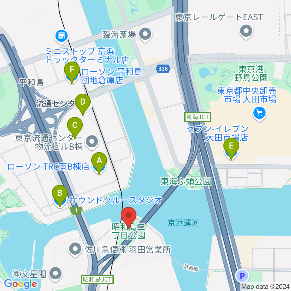 昭和島二丁目公園サッカー場周辺のコンビニエンスストア一覧地図