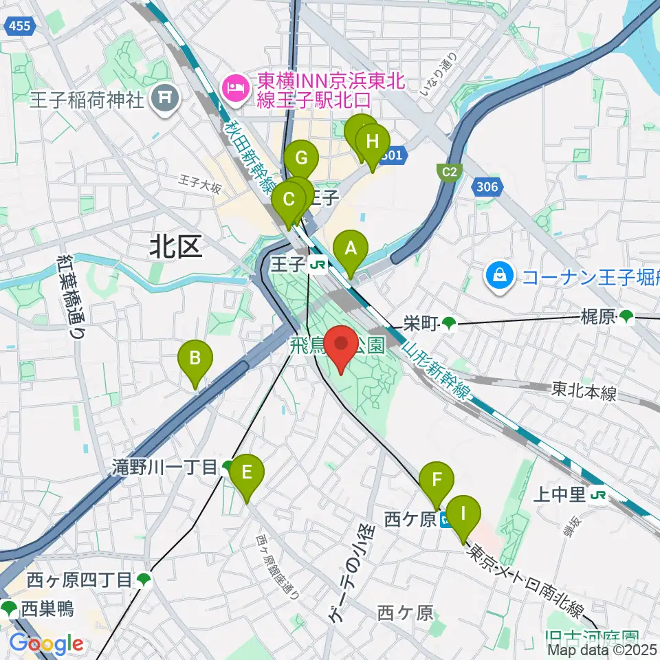 北区飛鳥山博物館周辺のコンビニエンスストア一覧地図