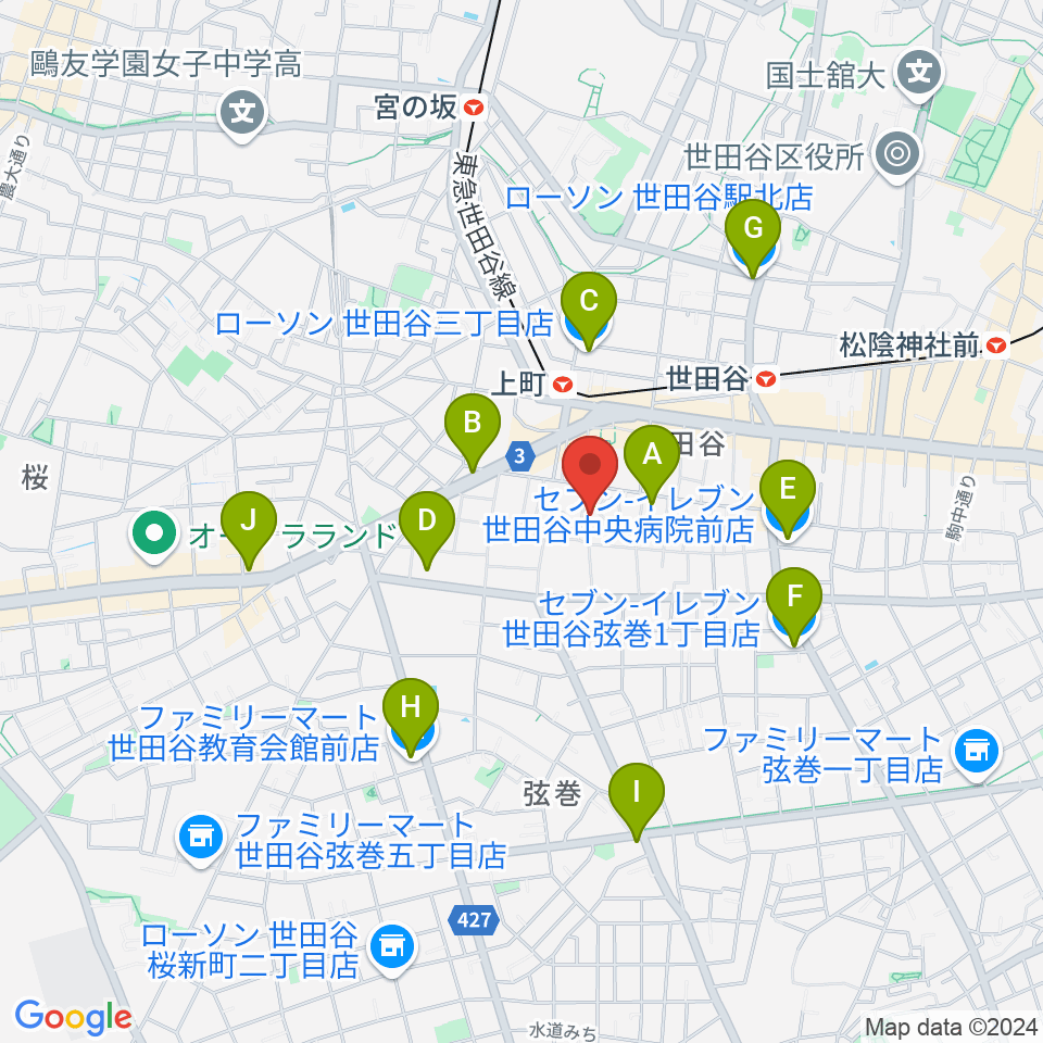 世田谷区立郷土資料館周辺のコンビニエンスストア一覧地図