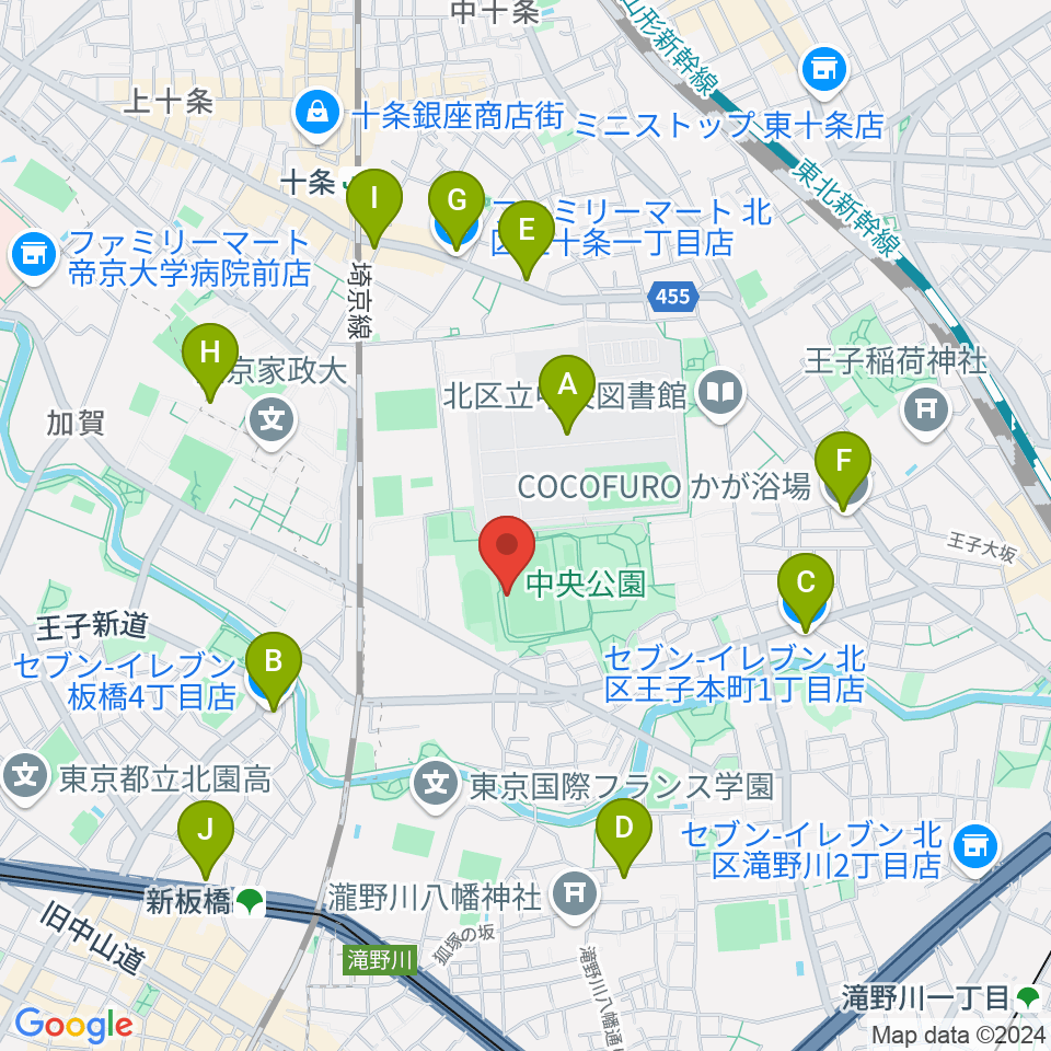 北区中央公園野球場周辺のコンビニエンスストア一覧地図