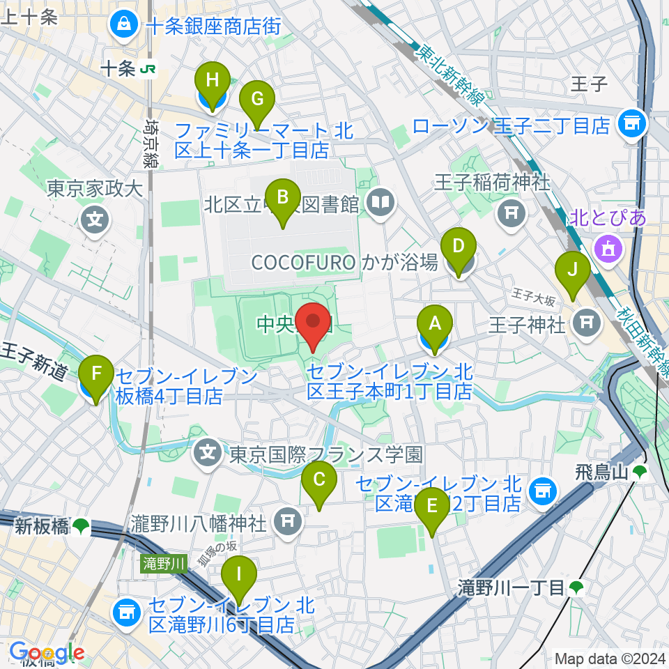 北区立中央公園文化センター周辺のコンビニエンスストア一覧地図