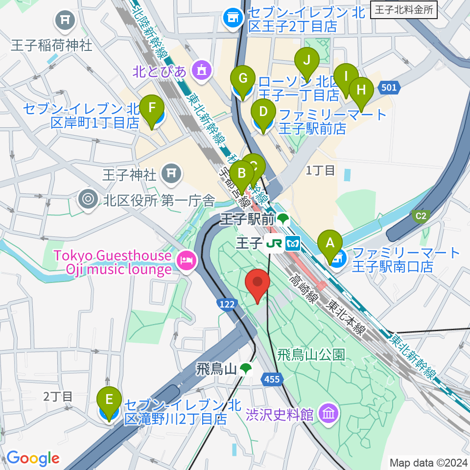 飛鳥山公園野外ステージ周辺のコンビニエンスストア一覧地図