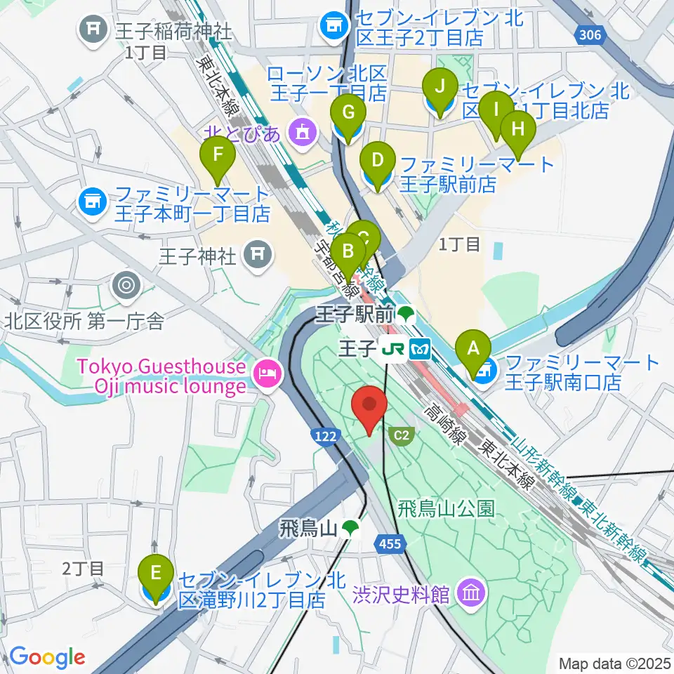 飛鳥山公園野外ステージ周辺のコンビニエンスストア一覧地図