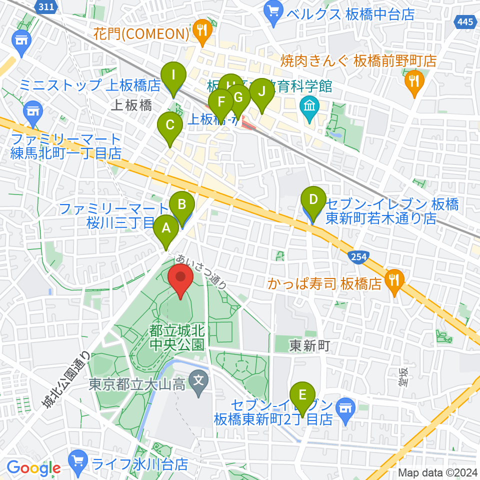 城北中央公園野球場周辺のコンビニエンスストア一覧地図