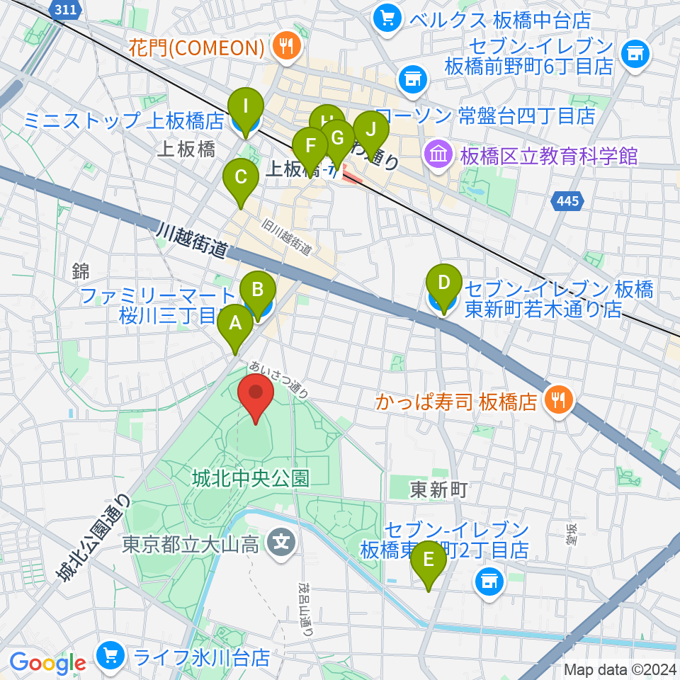 城北中央公園野球場周辺のコンビニエンスストア一覧地図