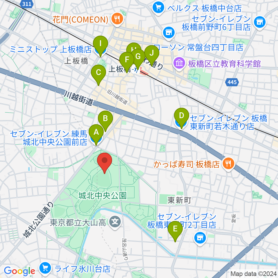 城北中央公園野球場周辺のコンビニエンスストア一覧地図