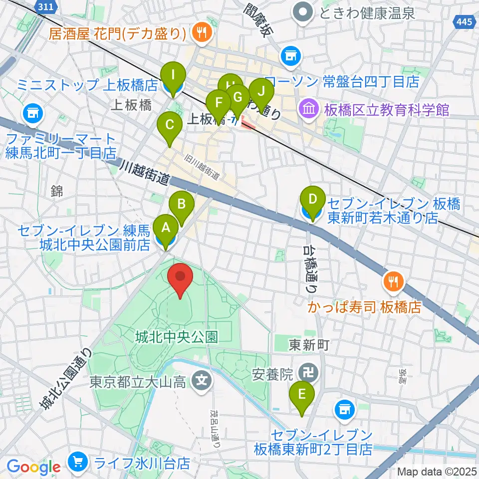 城北中央公園野球場周辺のコンビニエンスストア一覧地図