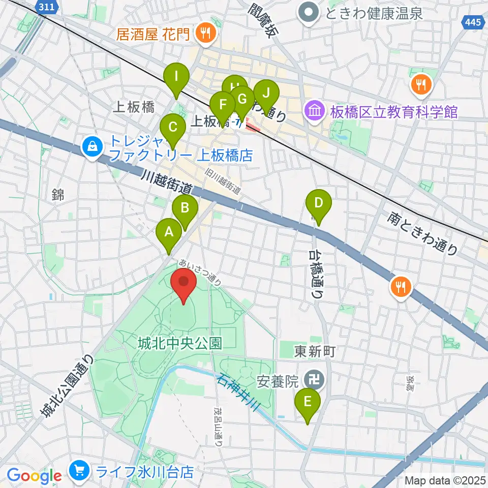 城北中央公園野球場周辺のコンビニエンスストア一覧地図