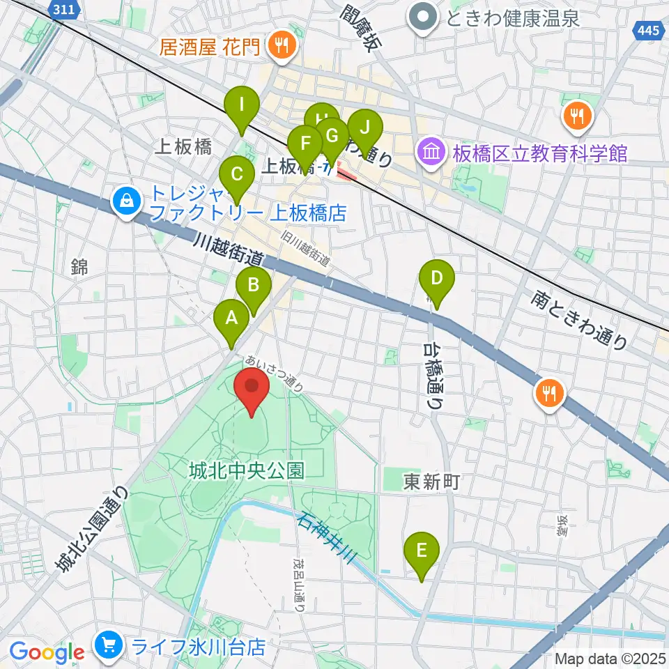 城北中央公園野球場周辺のコンビニエンスストア一覧地図