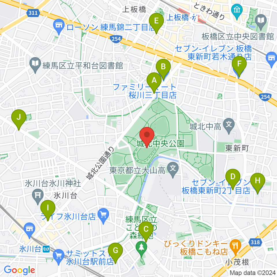 城北中央公園陸上競技場周辺のコンビニエンスストア一覧地図