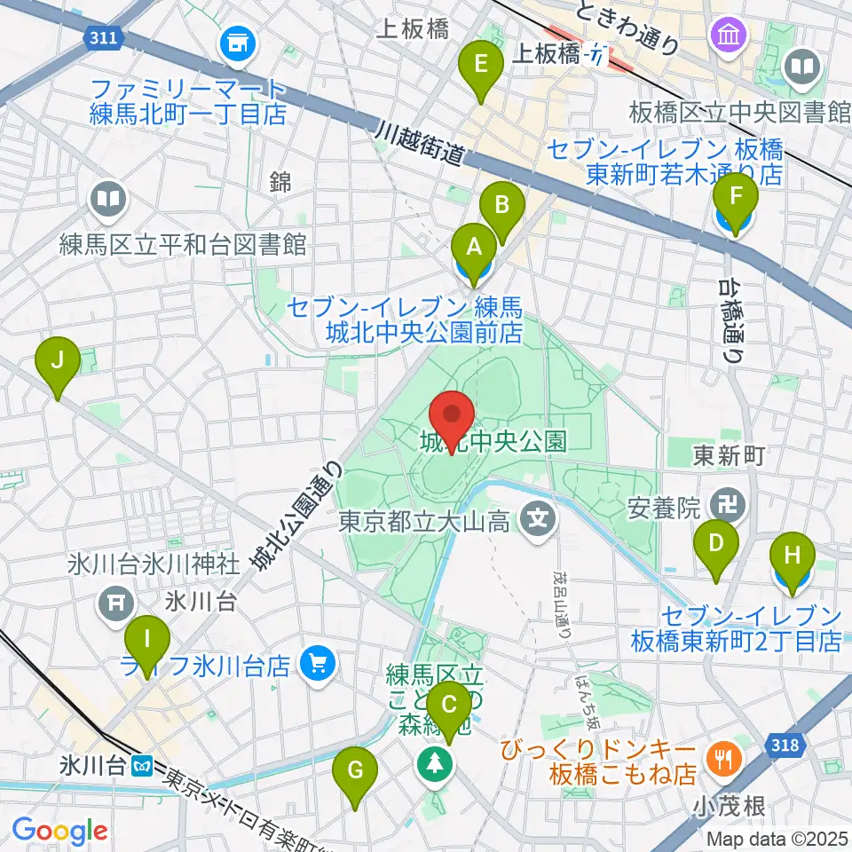 城北中央公園陸上競技場周辺のコンビニエンスストア一覧地図