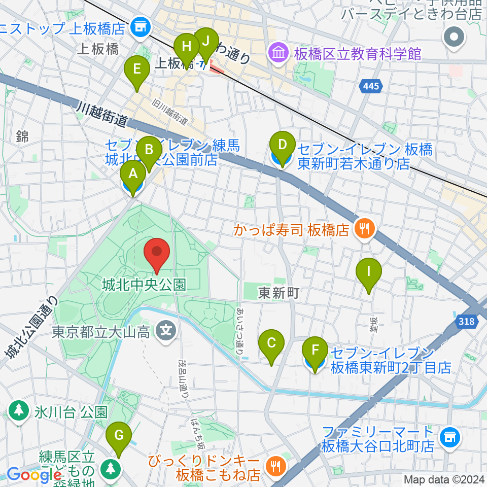 城北中央公園多目的広場周辺のコンビニエンスストア一覧地図