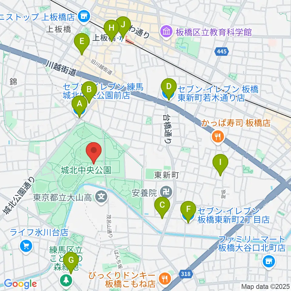 城北中央公園多目的広場周辺のコンビニエンスストア一覧地図