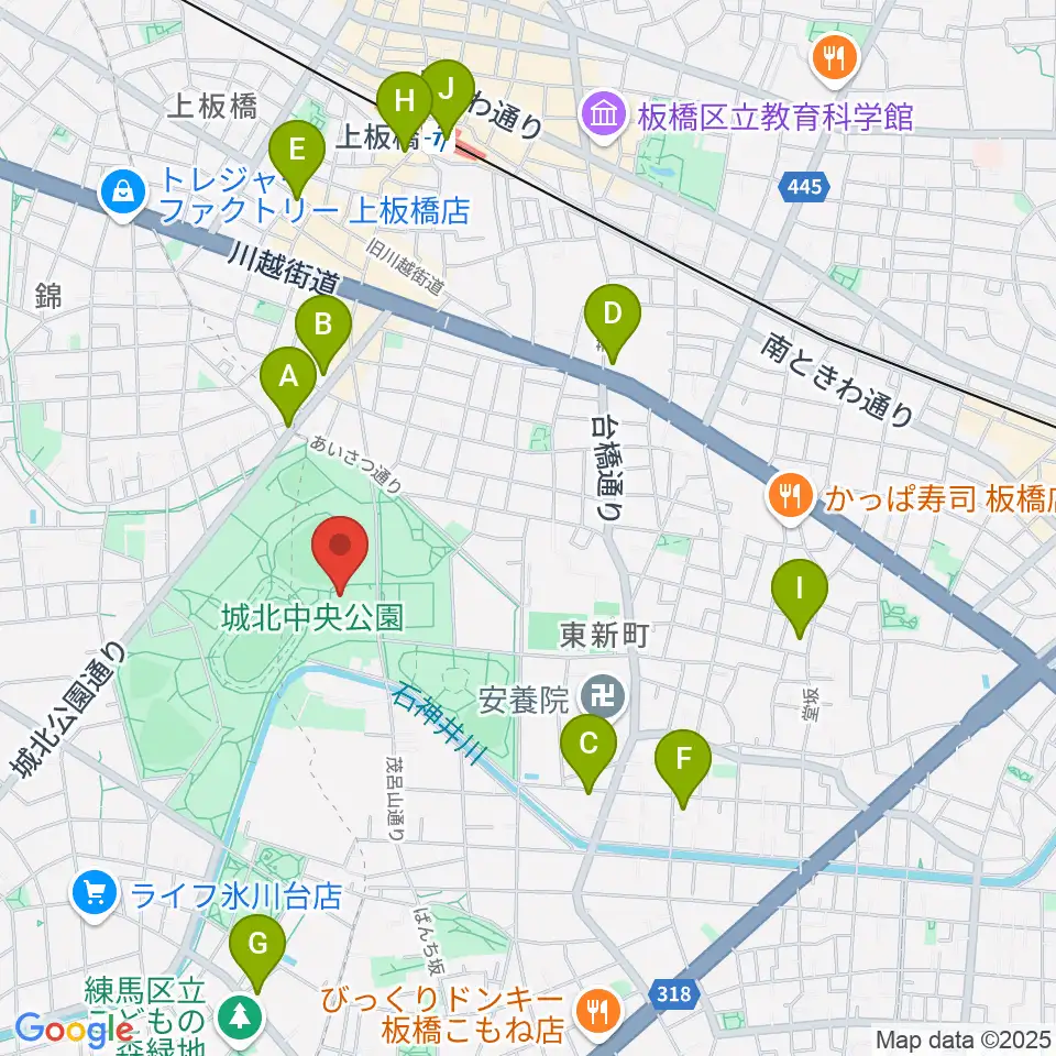 城北中央公園多目的広場周辺のコンビニエンスストア一覧地図