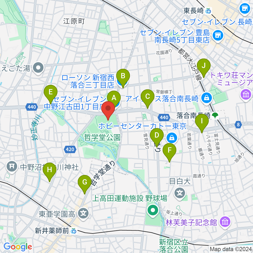 哲学堂公園野球場周辺のコンビニエンスストア一覧地図