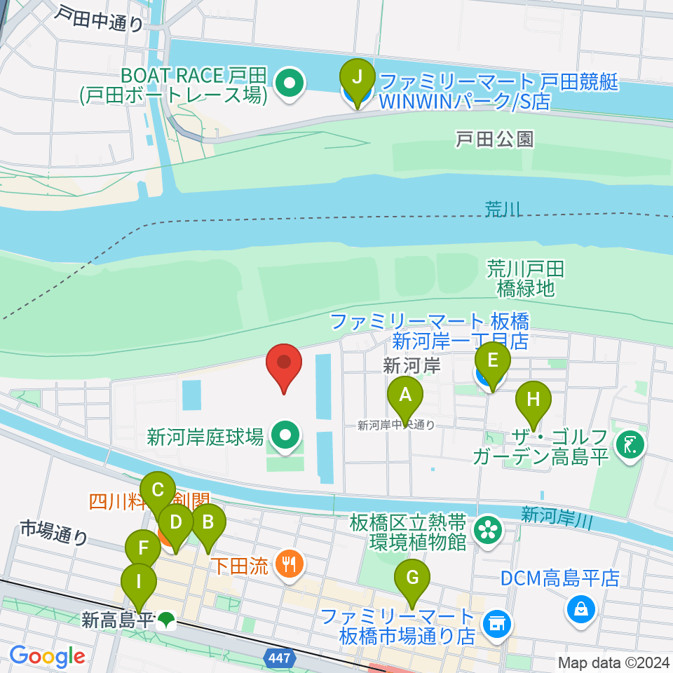 新河岸陸上競技場周辺のコンビニエンスストア一覧地図