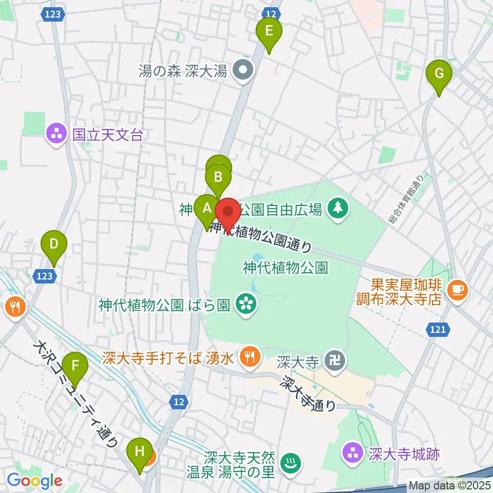 神代植物公園周辺のコンビニエンスストア一覧地図