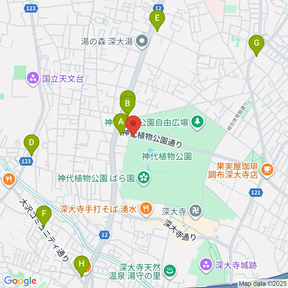 神代植物公園周辺のコンビニエンスストア一覧地図