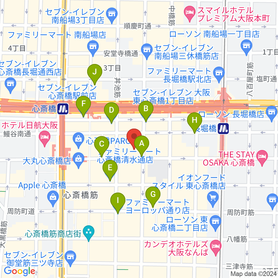 ベースオントップ東心斎橋店周辺のコンビニエンスストア一覧地図
