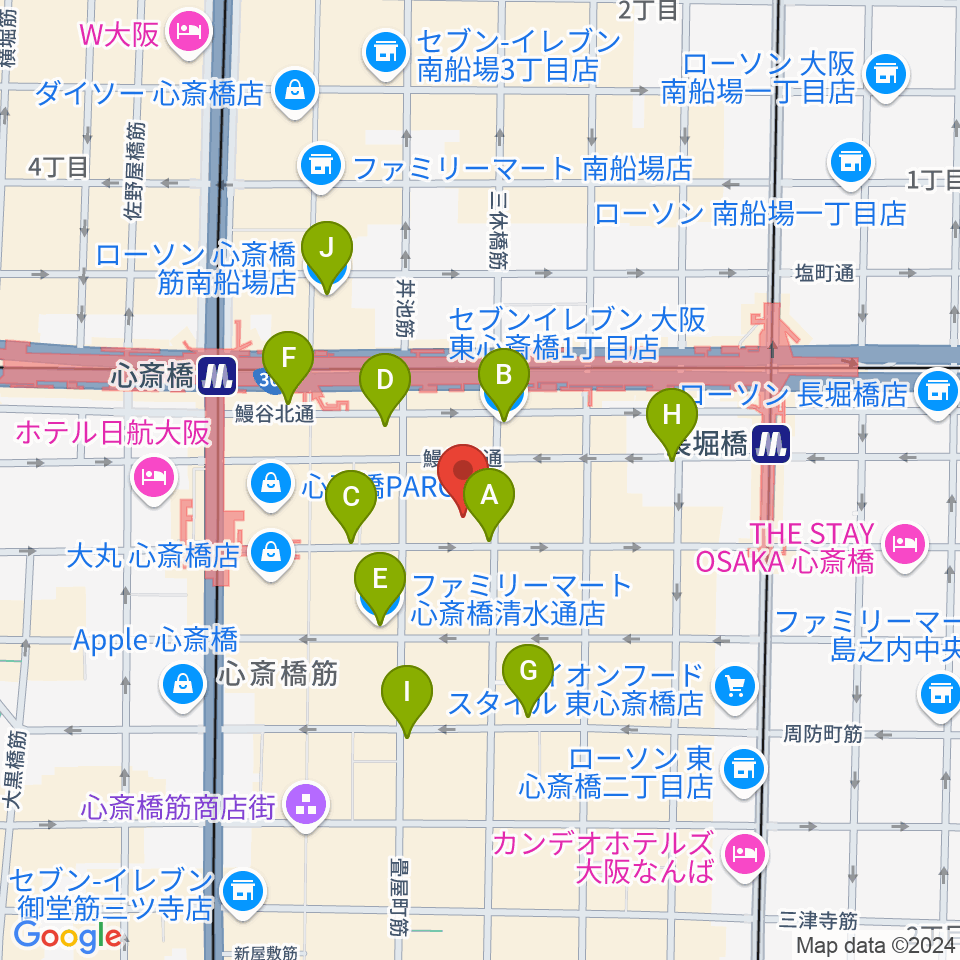 ベースオントップ東心斎橋店周辺のコンビニエンスストア一覧地図