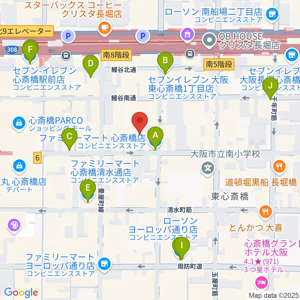 ベースオントップ東心斎橋店周辺のコンビニエンスストア一覧地図